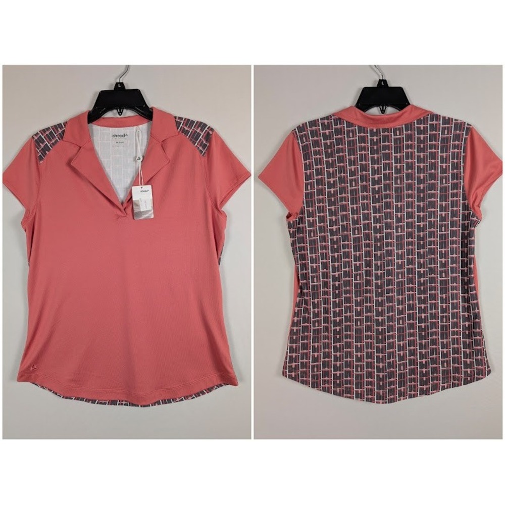 Ahead Performance‎ Golf Shirt Womens M Rouge Pink Gray Print V-Neck